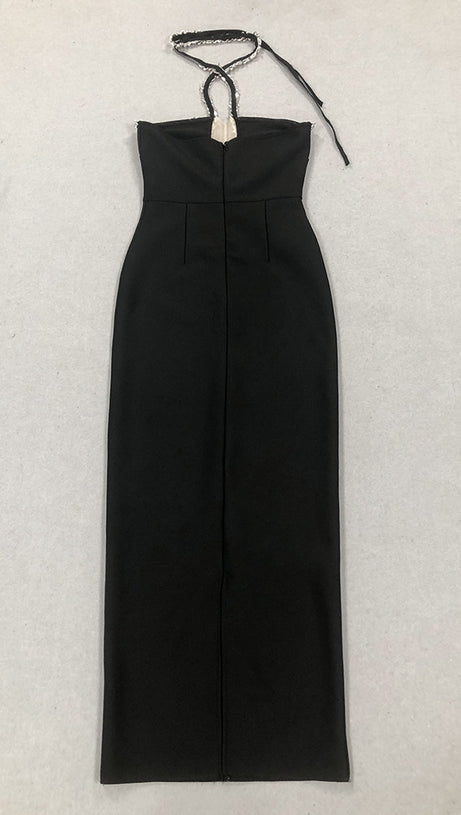 DIAMOND-EMBELLISHED HALTERNECK FITTED BANDAGE MAXI DRESS BLACK