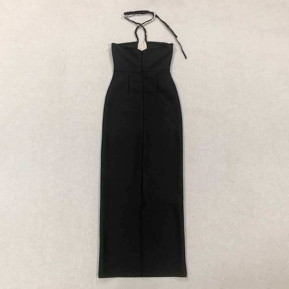 AIIZIE DIAMOND-EMBELLISHED HALTERNECK FITTED BANDAGE MAXI DRESS BLACK - product image