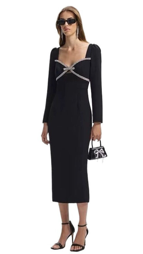 DIAMANTE BOW MIDI DRESS
