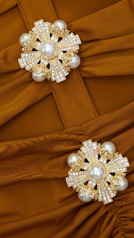 MAUREEN KHAKI JERSEY OFF SHOULDER MIDI DRESS