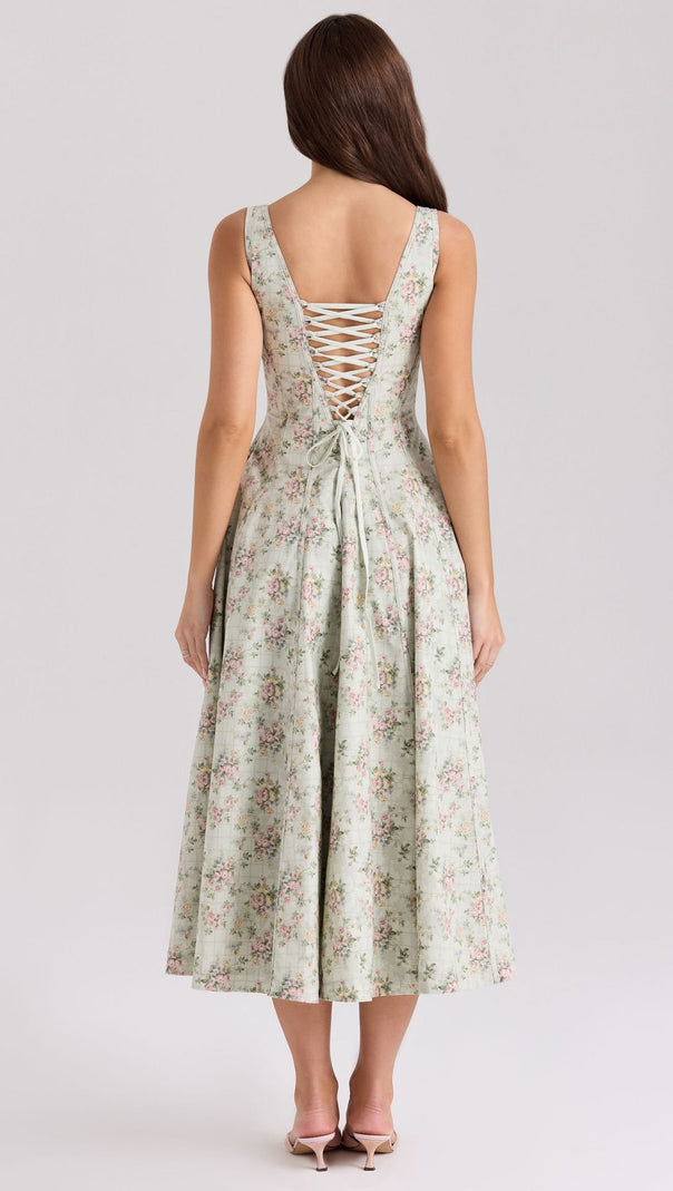 AIIZIE GEMMA FLORAL GREEN LACE-UP STRETCH COTTON MIDI DRESS - product image