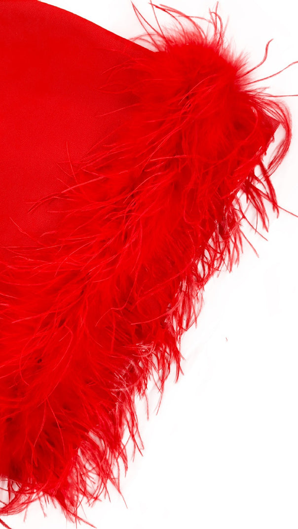 AIIZIE DEEP V TUBE TOP OSTRICH FEATHER HIP-WRAPPED MINI DRESS RED - product image