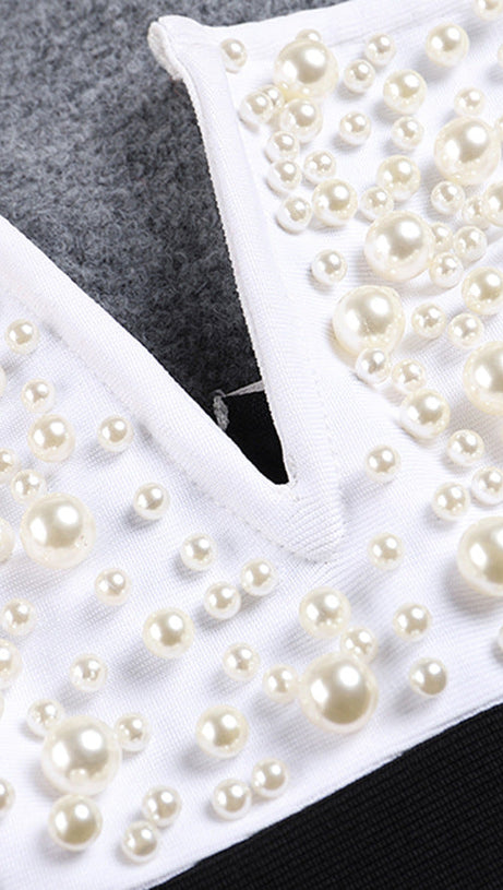 STRAPLESS PEARL EMBELLISHED STRETCH BODYCON DRESS IN BLACK