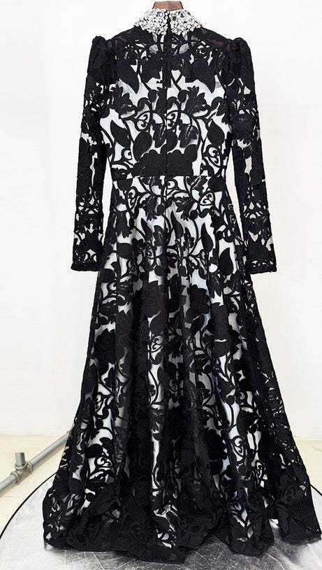 black mesh diamond embroidered maxi dress