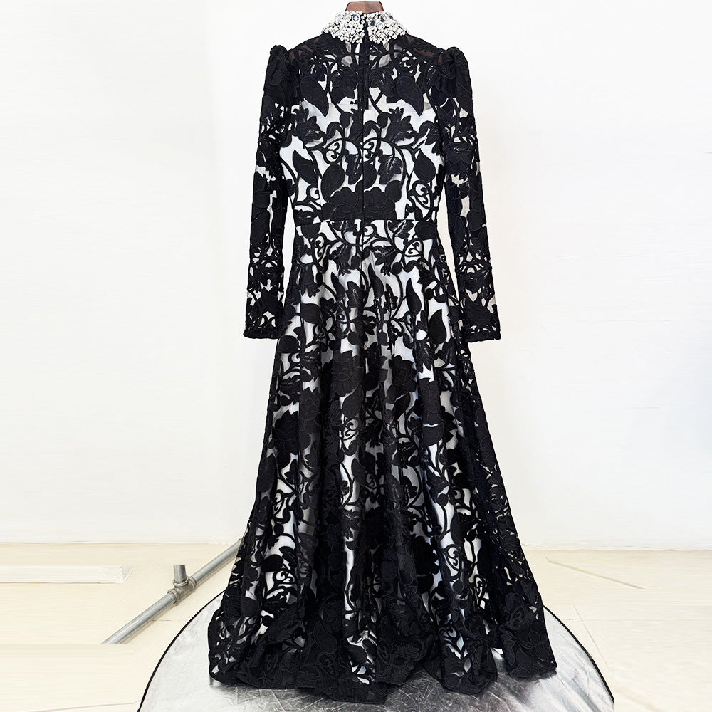 AIIZIE black mesh diamond embroidered maxi dress - product image