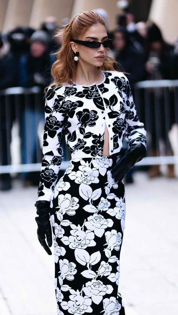 SET GONNA CARDIGAN MIDI A MATITA IN MAGLIA JACQUARD FLOREALE