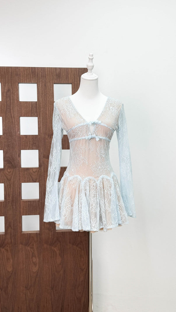 AIIZIE EILEEN LONG-SLEEVE V-NECK LACE A-LINE MINI DRESS IN BLUE - product image