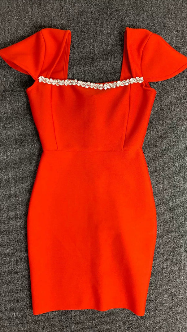 AIIZIE MILDRED SHAWL RED STONE EMBELLISH MINI DRESS - product image