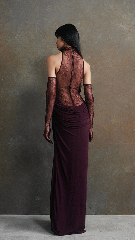 PURPLE RED HALTER NECK LACE - BACK MAXI DRESS WITH GLOVES