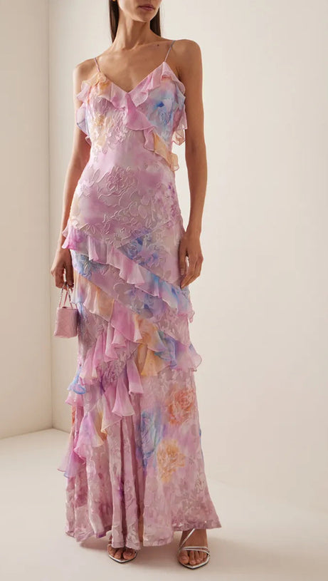 Gerüschtes, farbiges Camisole-Midikleid in Pink