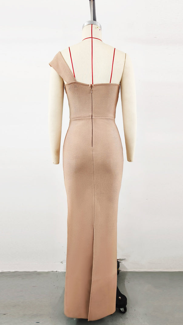 AIIZIE APRICOT ONE-SHOULDER FLORAL BANDAGE SPLIT MAXI DRESS - product image