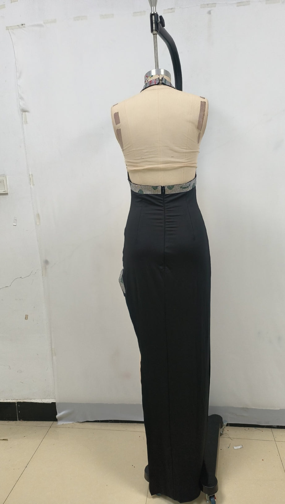 SNAKE STRAP CRYSTAL MAXI DRESS BLACK