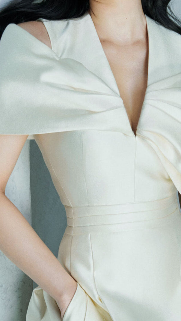 AIIZIE ALICE BEIGE WHITE PLEATED BOW OFF-SHOULDER MIDI DRESS - product image