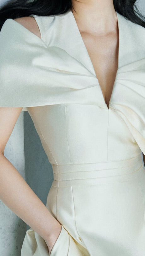 ALICE BEIGE WHITE PLEATED BOW OFF-SHOULDER MIDI DRESS