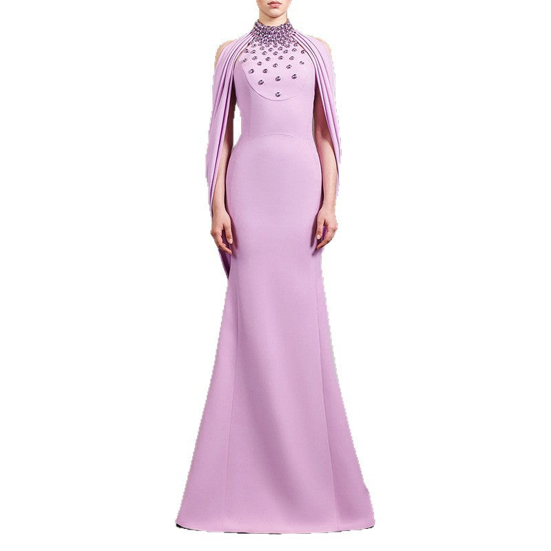 Lavender Hand-Beaded Mermaid Gown with Cape Shoulders
