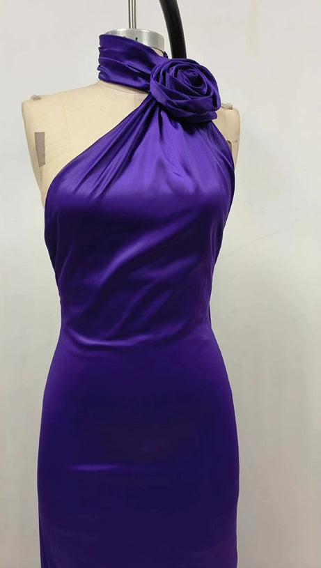 SATIN WRAP HALTER GOWN WITH FLOWER IN PURPLE