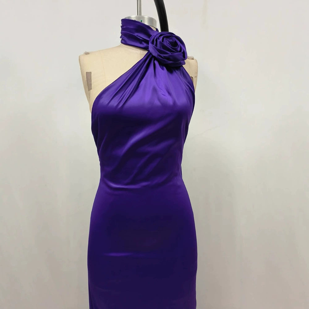 AIIZIE SATIN WRAP HALTER GOWN WITH FLOWER IN PURPLE - product image