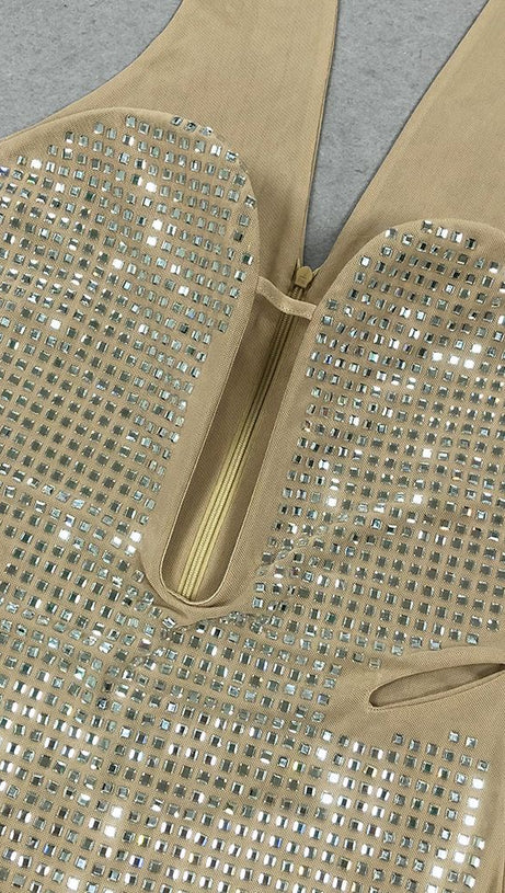 RHINESTONE MESH HALTER NECK MAXI DRESS