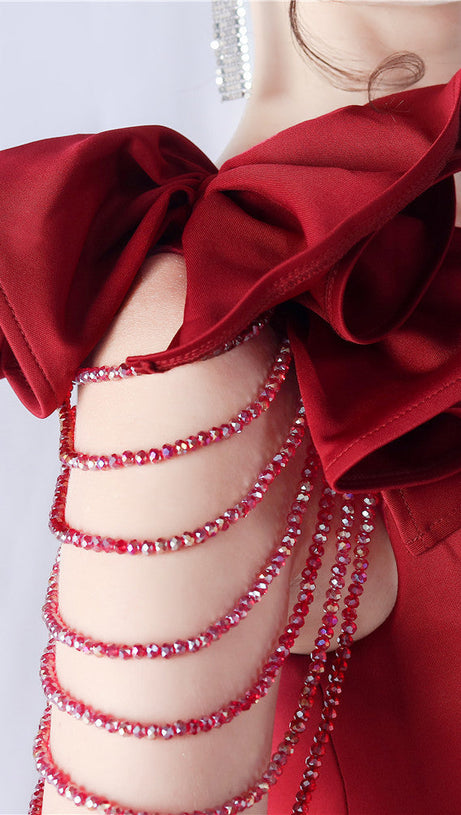 DEBBY RED ONE SHOULDER FLOWER CUT OUT SLIT MAXI DRESS