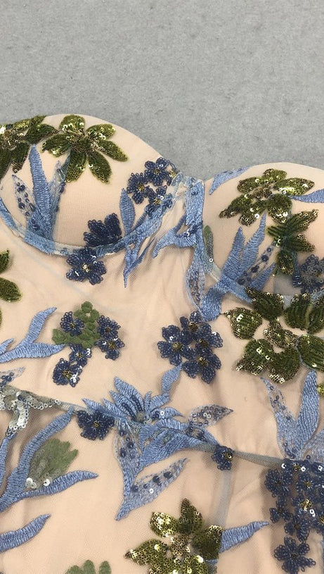 OFF-SHOULDER WITH 3D MESH EMBROIDERED SEQUINS MAXI DRESS WHITE