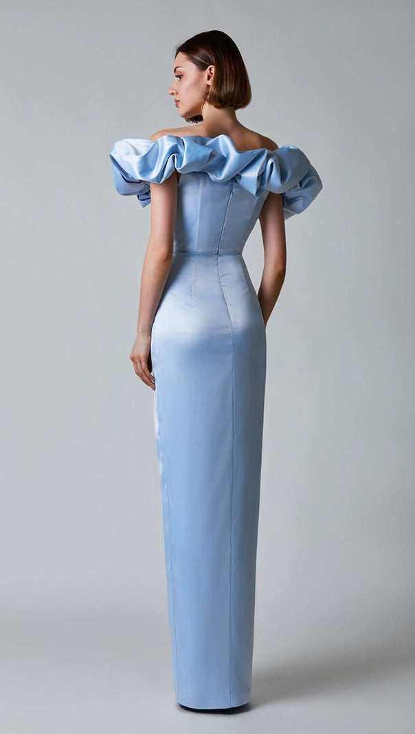 AIIZIE GLADYS BLUE CRYSTAL OFF-SHOULDER MAXI SPLIT DRESS - product image
