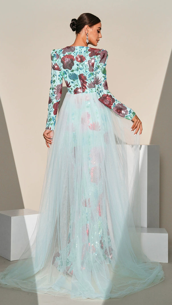 AIIZIE LONG SLEEVE FLORAL PRINT SEQUIN MAXI DRESS IN GREEN - product image
