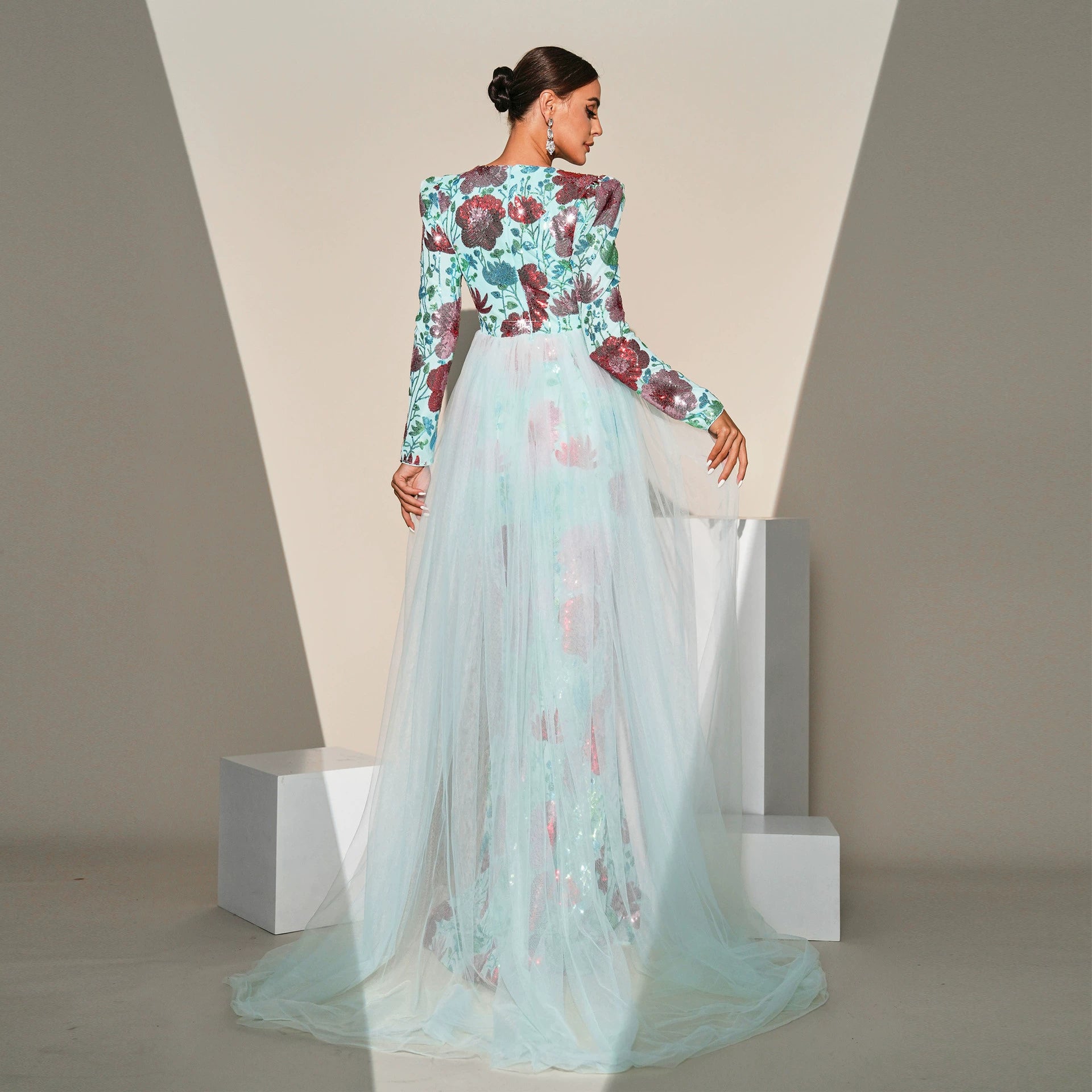 LONG SLEEVE FLORAL PRINT SEQUIN MAXI DRESS IN GREEN