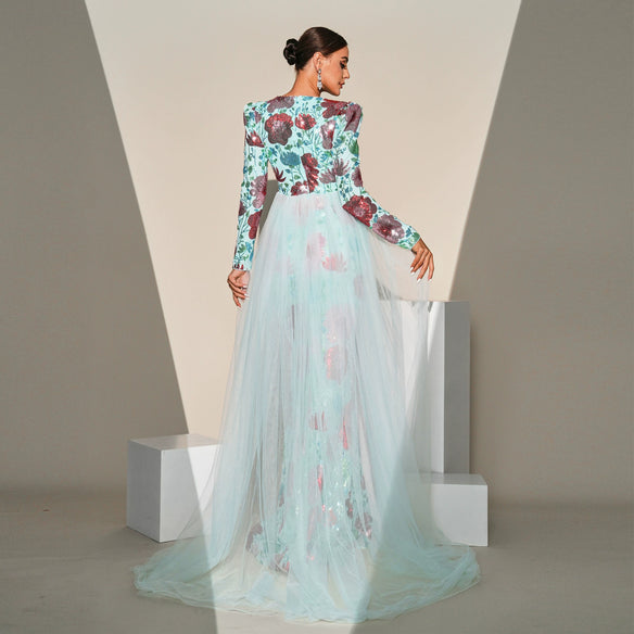 LONG SLEEVE FLORAL PRINT SEQUIN MAXI DRESS IN GREEN