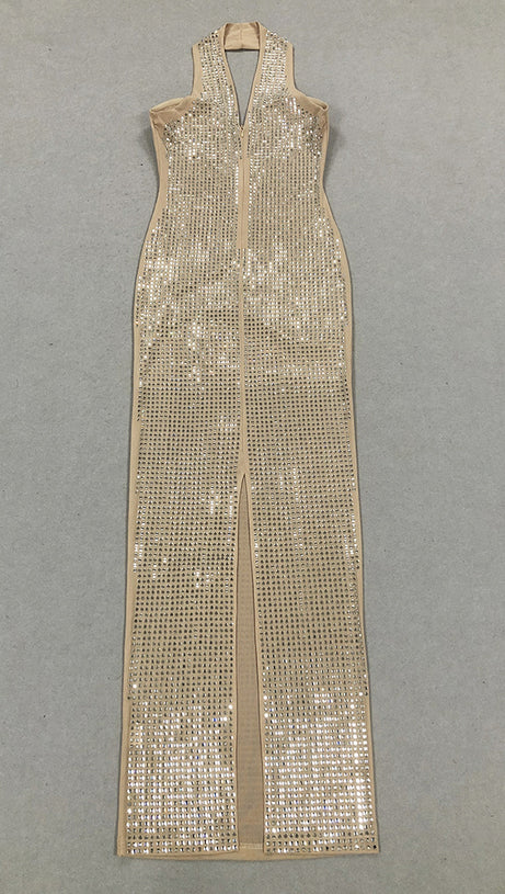 RHINESTONE MESH HALTER NECK MAXI DRESS