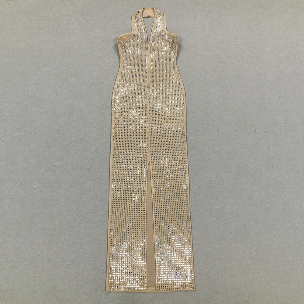 AIIZIE RHINESTONE MESH HALTER NECK MAXI DRESS - product image