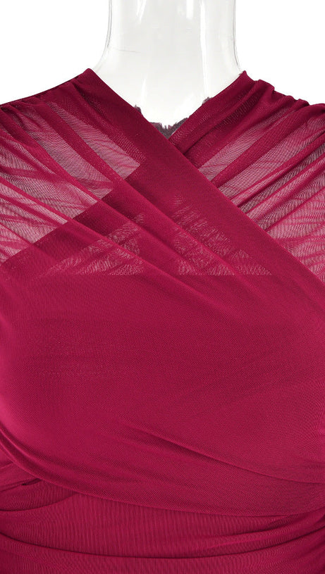 LONG SLEEVE RUCHED MESH DRESS IN WINE