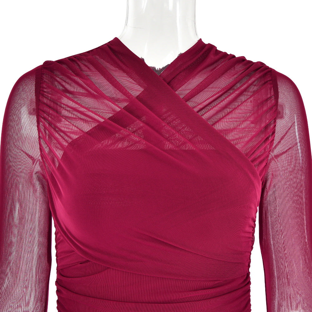 AIIZIE LONG SLEEVE RUCHED MESH DRESS IN WINE - product image