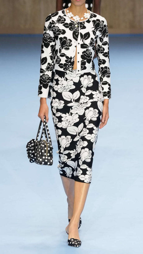 KNIT FLORAL JACQUARD MIDI PENCIL CARDIGAN SKIRT SET