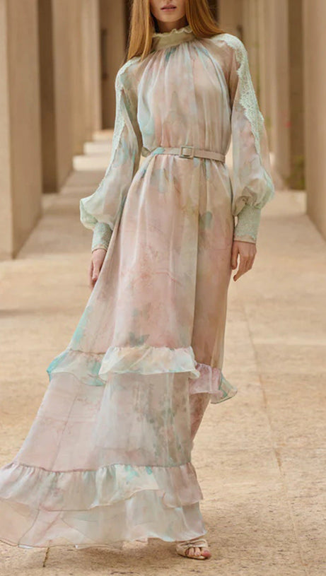 olga floral print  lantern sleeve layer Sheer maxi dress