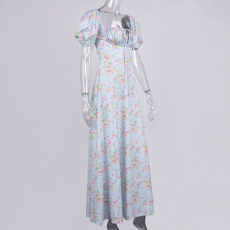 AIIZIE VINTAGE FLORAL PUFF SLEEVE MIDI DRESS IN BLUE - product image