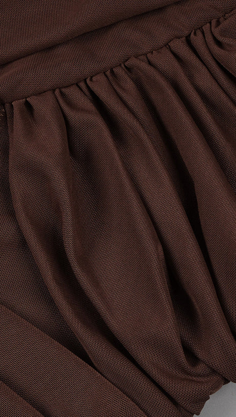 LONG SLEEVE MESH INSERT DRAPED MAXI DRESS