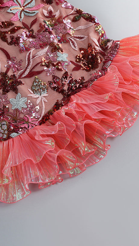 RED FLORAL EMBROIDERY STRAP MESH-PANELLED MINI DRESS