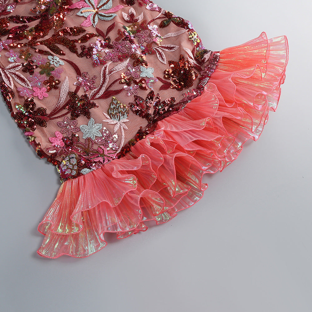 AIIZIE RED FLORAL EMBROIDERY STRAP MESH-PANELLED MINI DRESS - product image