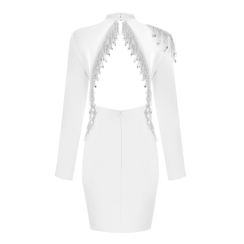 WHITE LONG - SLEEVED BACKLESS BEADED BANDAGE MINI DRESS