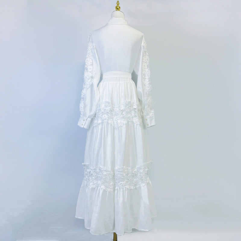 alexandra Splicing Flapped Lace hollow Midi Dress in white