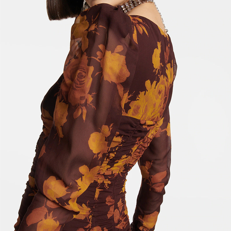 FLORAL PRINT HOLLOW TULLE MINI DRESS IN BROWN