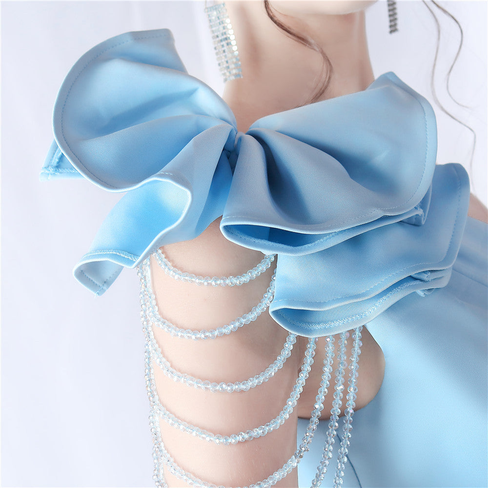 AIIZIE DEBBY BLUE ONE SHOULDER FLOWER CUT OUT SLIT MAXI DRESS - product image