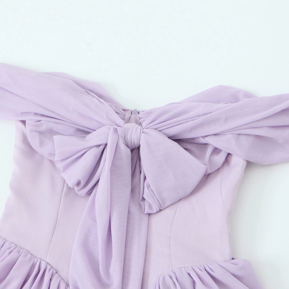 AIIZIE YVETTE PALE PURPLE OFF SHOULDER MESH MINI DRESS - product image