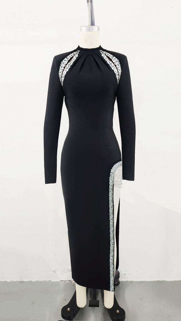 AIIZIE DIAMOND - EMBELLISHED HIGH - SLIT LONG - SLEEVE MIDI DRESS - product image