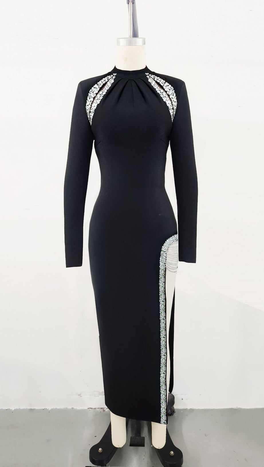 DIAMOND - EMBELLISHED HIGH - SLIT LONG - SLEEVE MIDI DRESS
