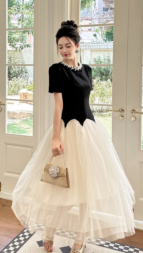leona black-white Two-Tone rhinestone neck tulle maxi Dress