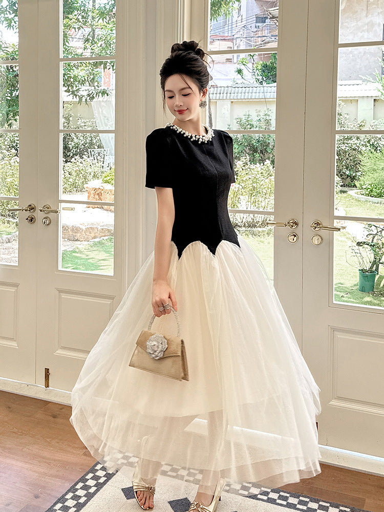 AIIZIE leona black-white Two-Tone rhinestone neck tulle maxi Dress - product image
