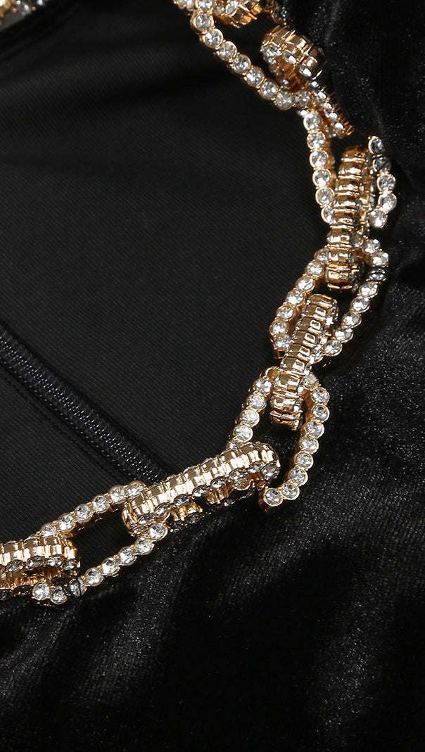 AIIZIE VELVET CRYSTAL EMBELLISHED MAXI DRESS IN BLACK - product image