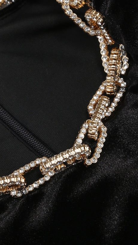 VELVET CRYSTAL EMBELLISHED MAXI DRESS IN BLACK