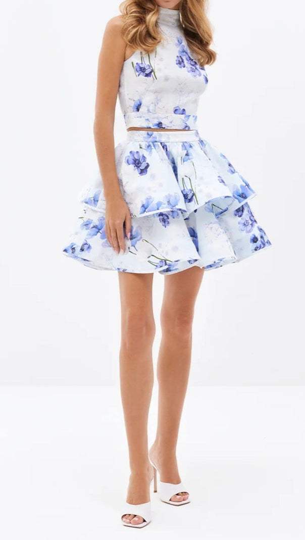 AIIZIE JESSICA PRINTED BACKLESS HALTER TOP SKIRT SET IN BLUE - product image
